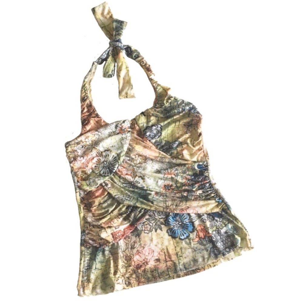 new Boho Chic ❤︎ Romantic Artsy Floral Print Draped Halter Top ❤︎ Pin Up Chic L - Picture 5 of 16